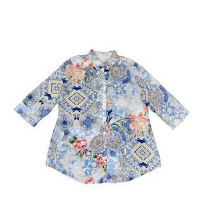 Chico's Floral Geometric No Iron Linen Shirt M Multicolor Casual Boho Summer